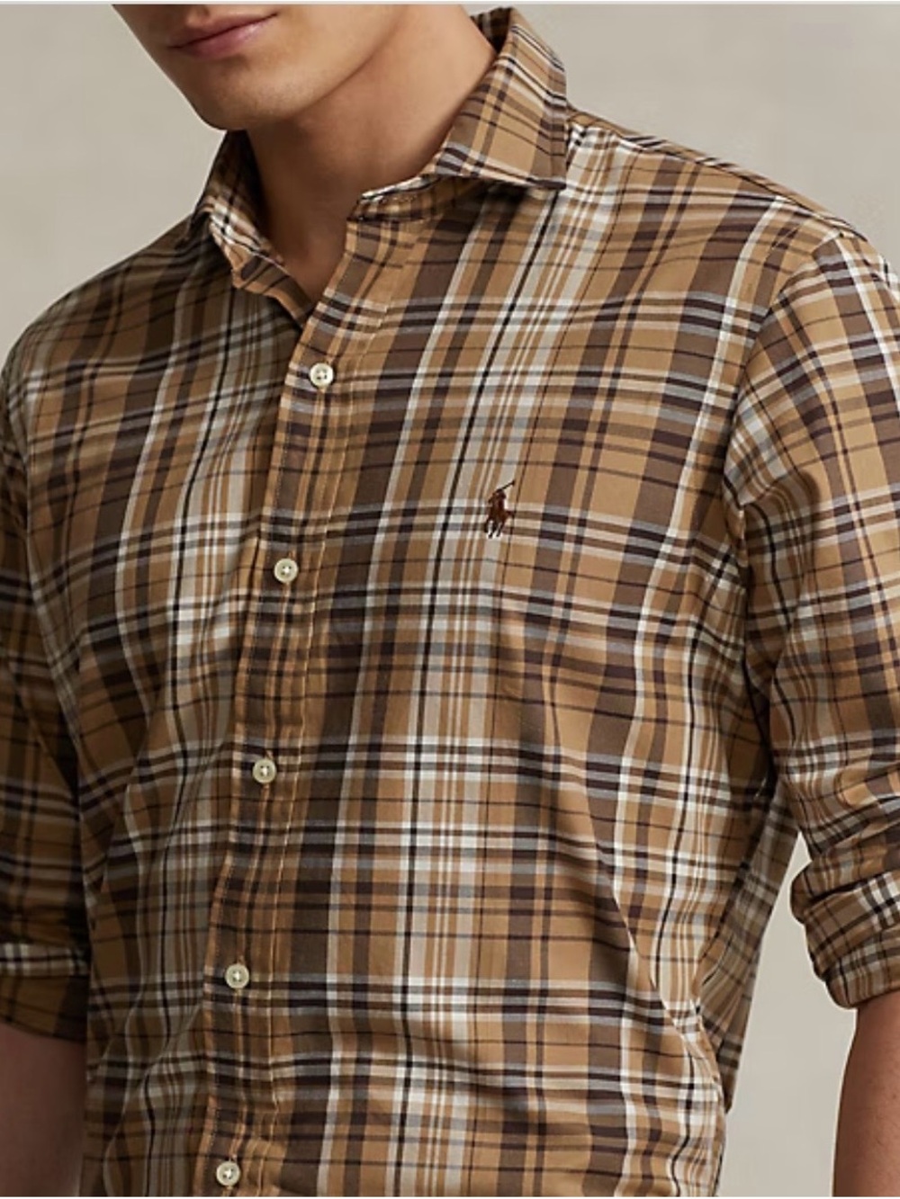 Ralph Lauren Tan and Brown Plaid Button-Down Shirt